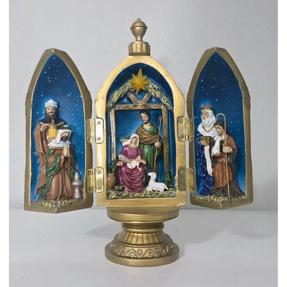Lighted Star Nativity Triptych Folding Gold Christmas Tabletop DecorWMG 2014